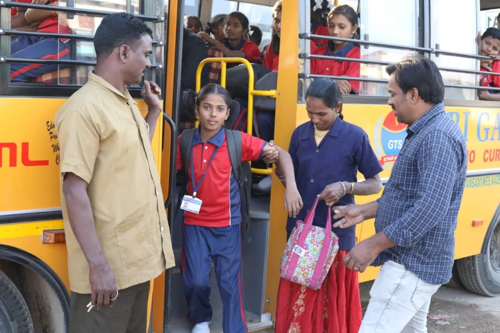 Sri Gayatri Techno School Bus Transportation with Students, Driver, Female Attendant, and Parent